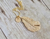 Gold Feather Necklace with Personalized circle charm - Choose a Heart or an Initial