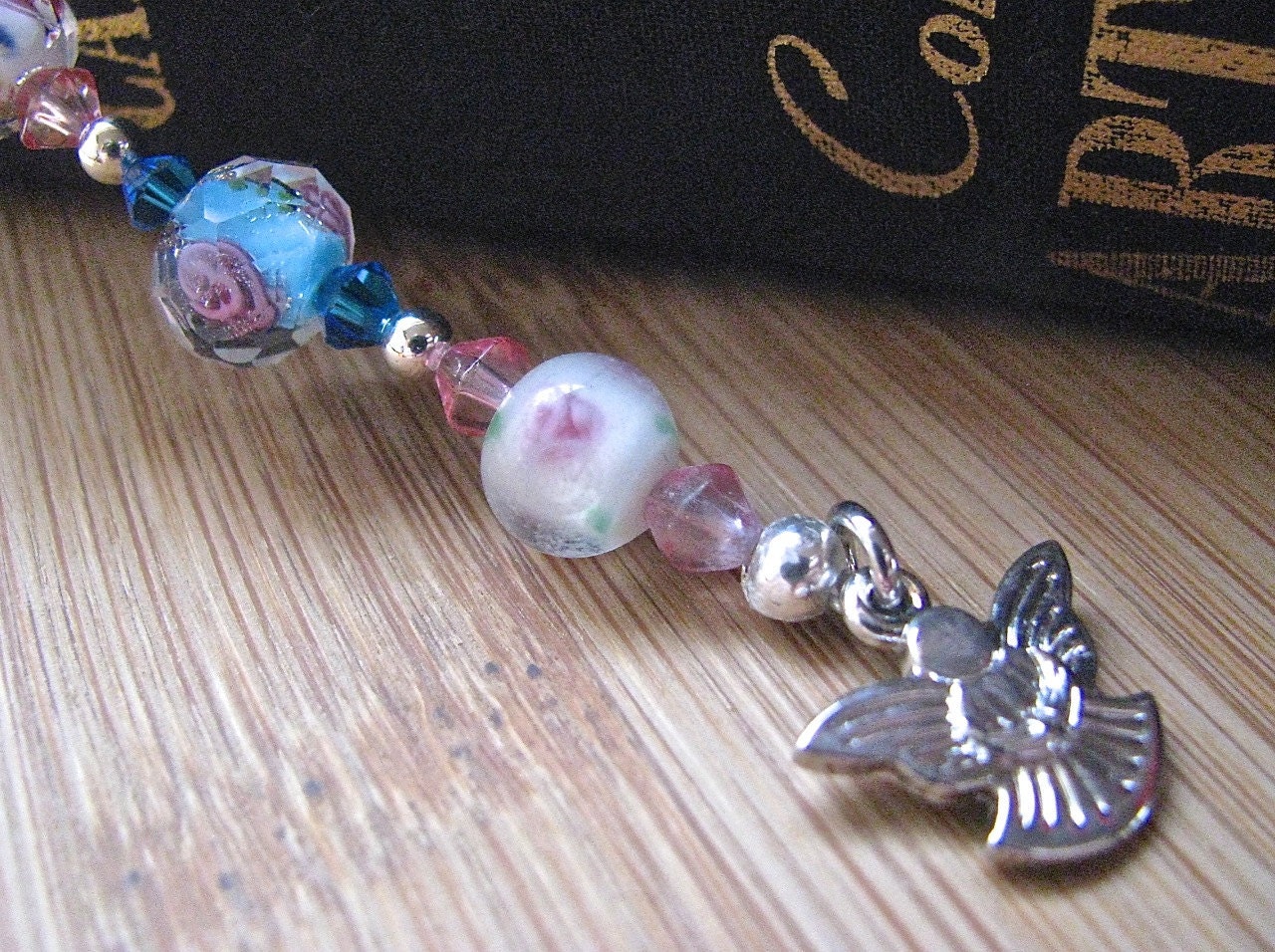 Pink and Blue Lampwork Beaded  Bookmark with Silver Angel