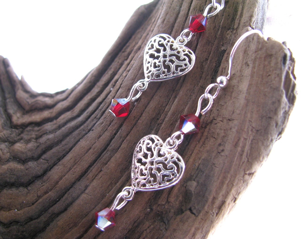 Silver Filigree Heart  and Swarovski Crystal Long Dangly Earrings