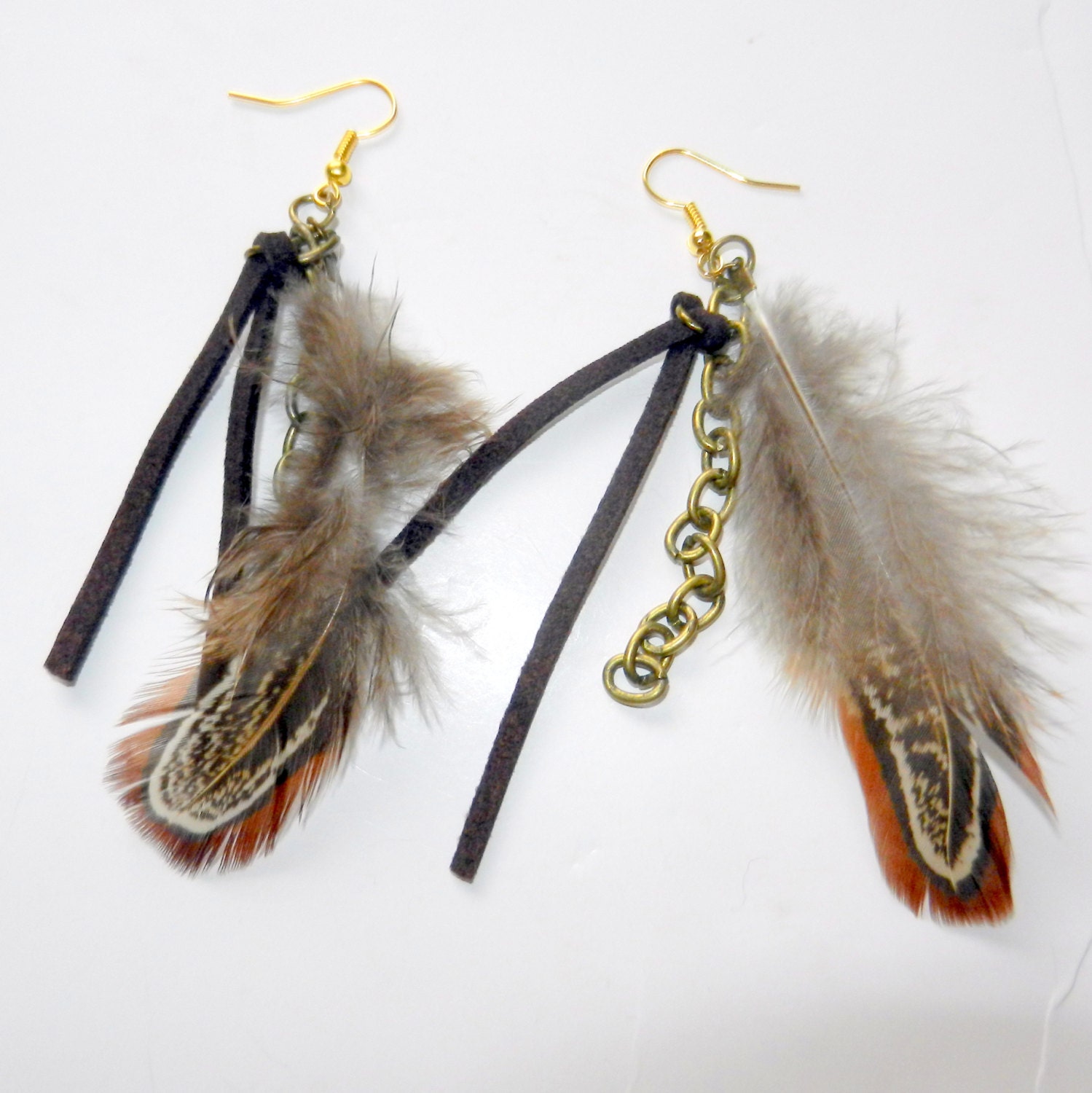 Long Feather and Leather Dangle Earrings