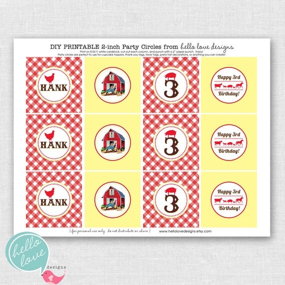 Farm Party Printable Party Cupcake Toppers - party circles - party logos by hello love designs Il_570xn