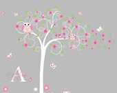 Children Wall Decal Girls Nursery Vinyl Wall Stickers Flowers Owls Curl Tree Butterflies Custom Monogram