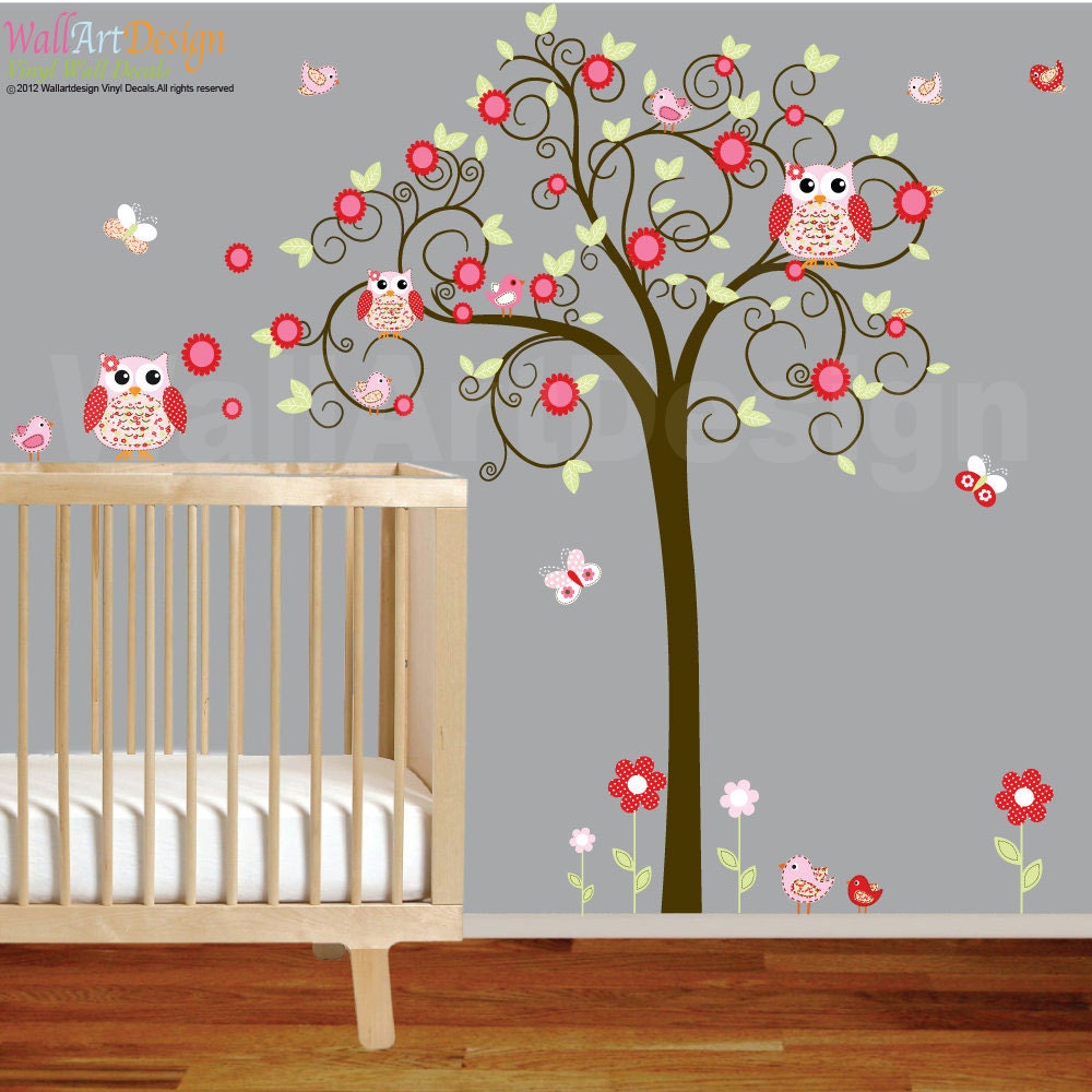 Girls Swirl Tree Wall Decal Nursery Vinyl Wall Stickers red Flowers Owls Curl Tree Butterflies