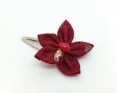 Fabric flower hairclip, Japanese Kanzashi style, burgandy with cat print fabric, red bead