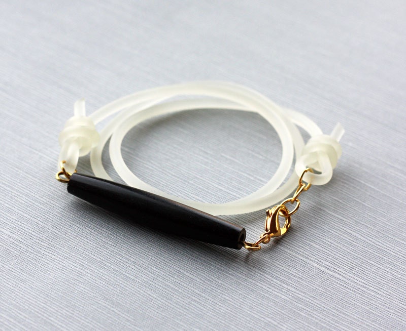 Minimalist Bracelet - Multi Wrap Rubber Cord Bracelet - Black and White