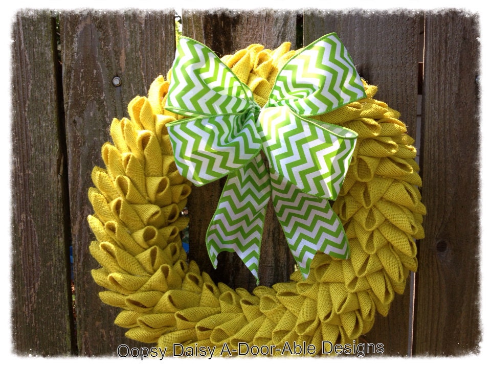 16" petal bubble yellow burlap wreath lime chevron bow, shabby chic wreath, year around wreath, burlap wreath