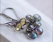 Wire Wrapped Labradorite and Citrine Earrings Oxidized Sterling Silver