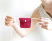 Mini purse crocheted wallet cherry, purple cotton minimalist pouch with button, unisex envelop mini bag, key holder