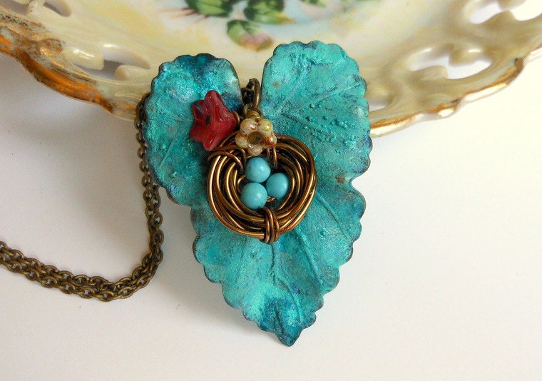 Bird Nest Necklace-Verdigris Leaf Necklace-Pregnancy Jewelry