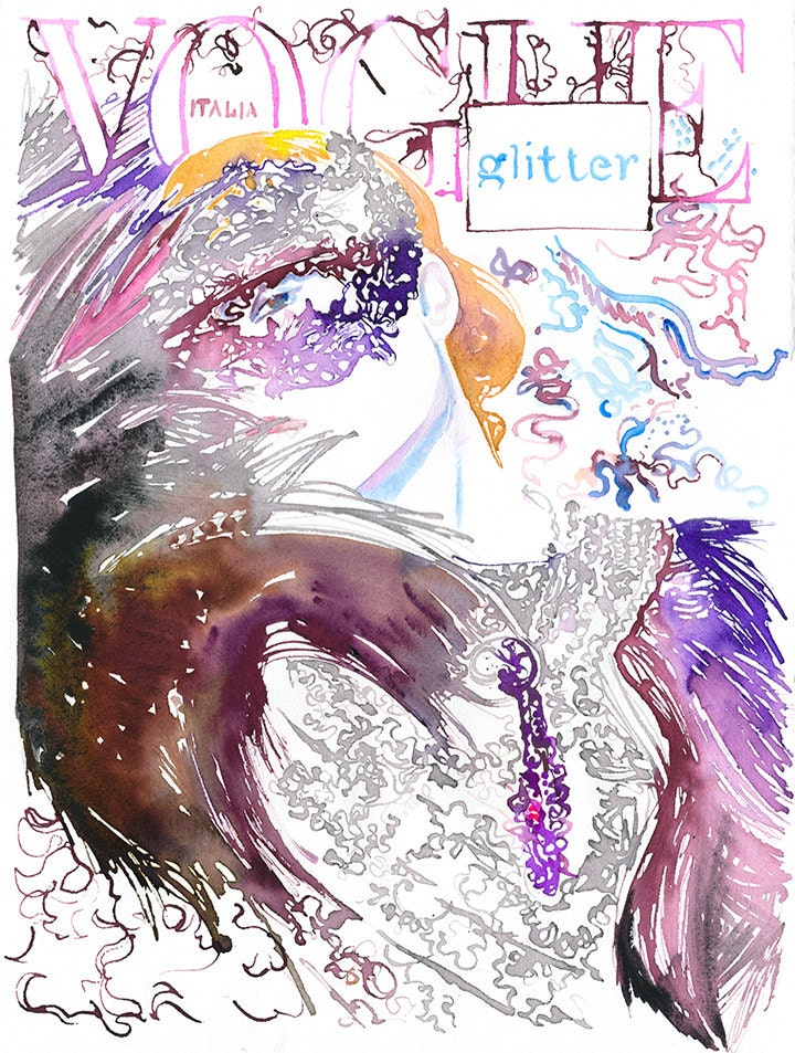 Print of Original Watercolour Painting, Fashion Illustration - titled: Glitter. Vogue Italia