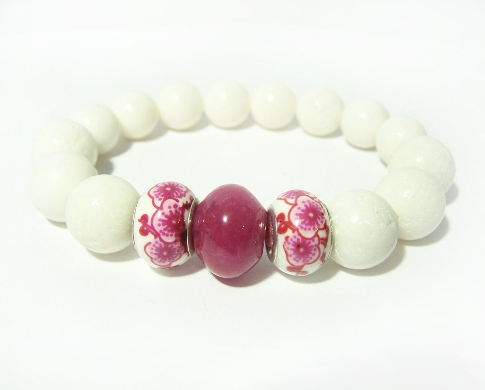 White Coral Stretch Bracelet, Stone Stretch Bead Bracelet, Ruby Jade, Burgundy