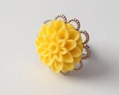 Yellow Mum Flower Cabochon Ring - Matte, Adjustable, Silver Metal Scallop Setting