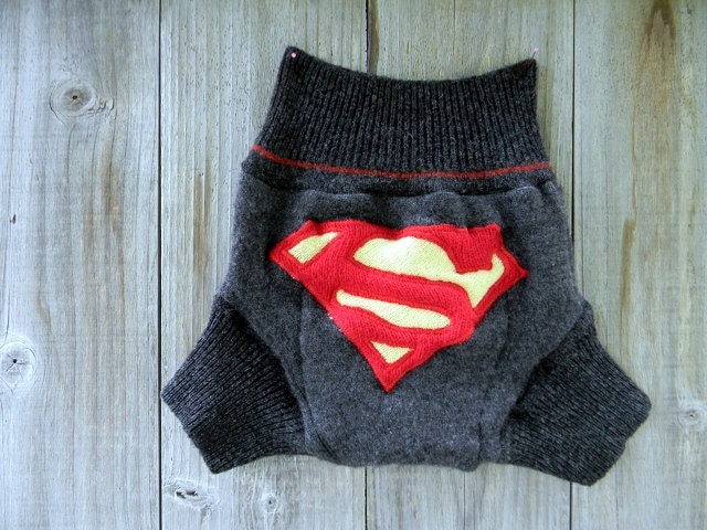 Upcycled Cashmere/Wool Soaker Cover Diaper Cover With Added Doubler Charcoal Gray With Superman  Applique LARGE 12-24M Kidsgogreen