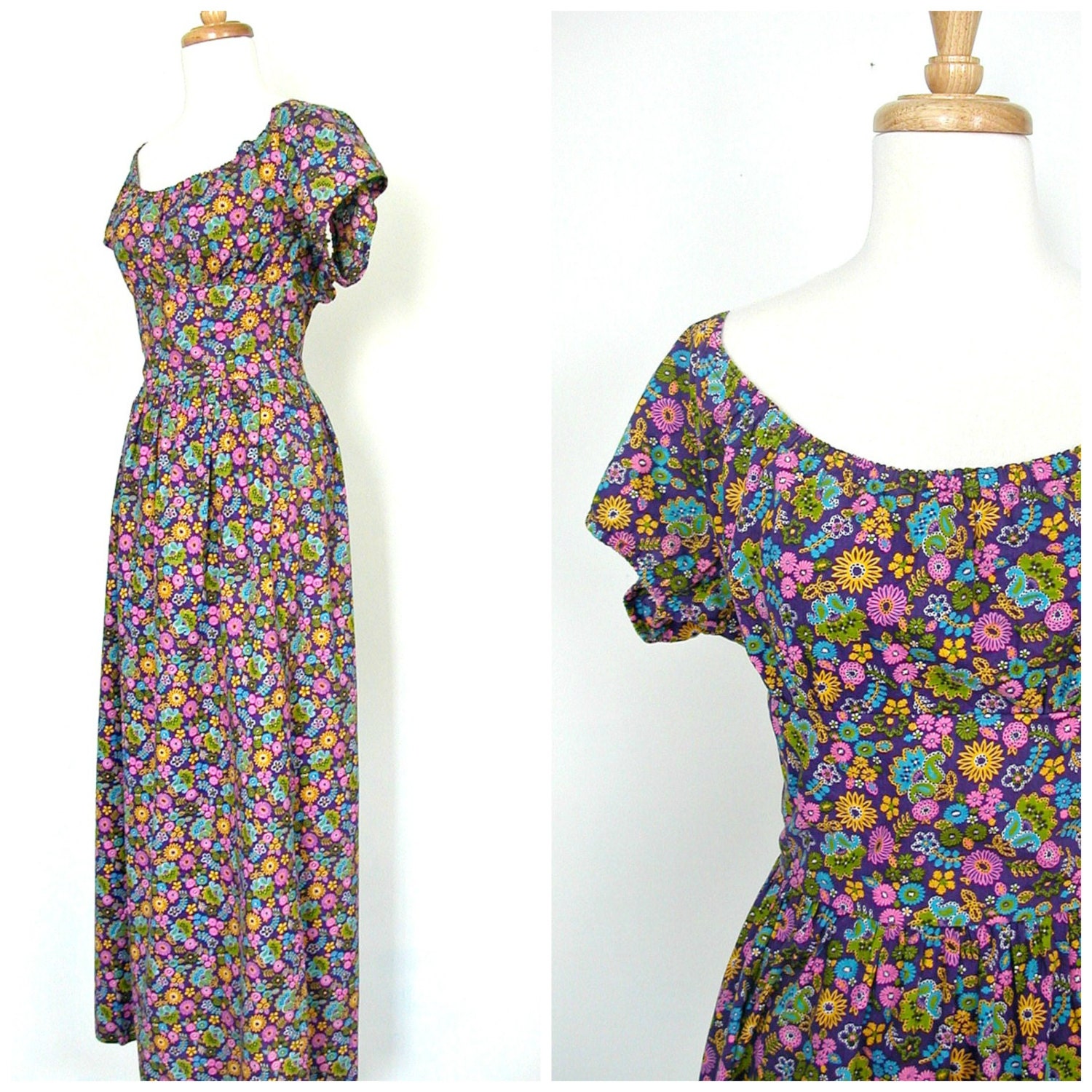 1970s Purple Maxi Dress / off the shoulder / peasant dress /  boho floral dress / cotton dress / garden party / medium