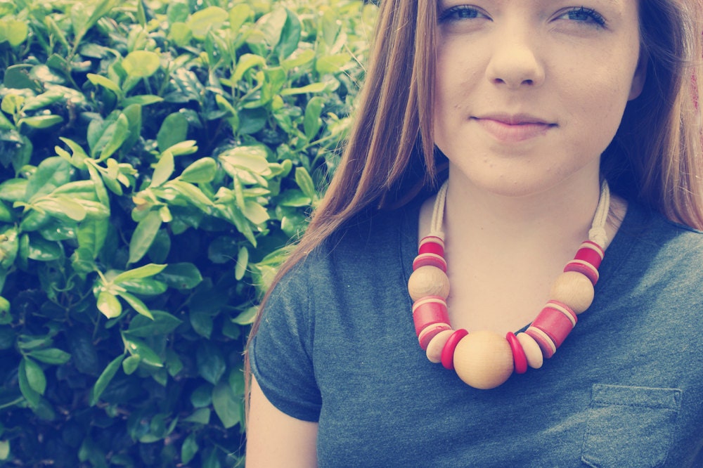 Vintage Red Chunky Wooden Beaded Necklace