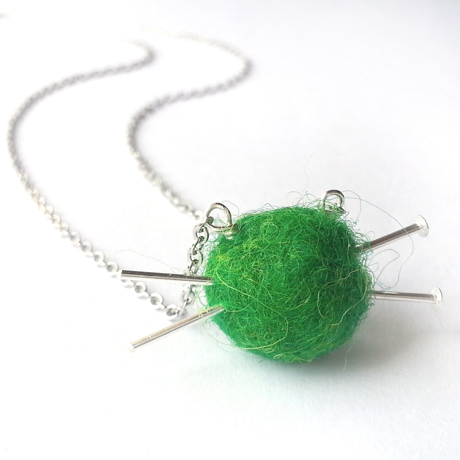 Knitting Jewelry - Felt Yarn Ball and Knitting Needles Necklace, Choice of Colors, Pea Green, Natural White or Hot Fuchsia - 'Love to Knit'