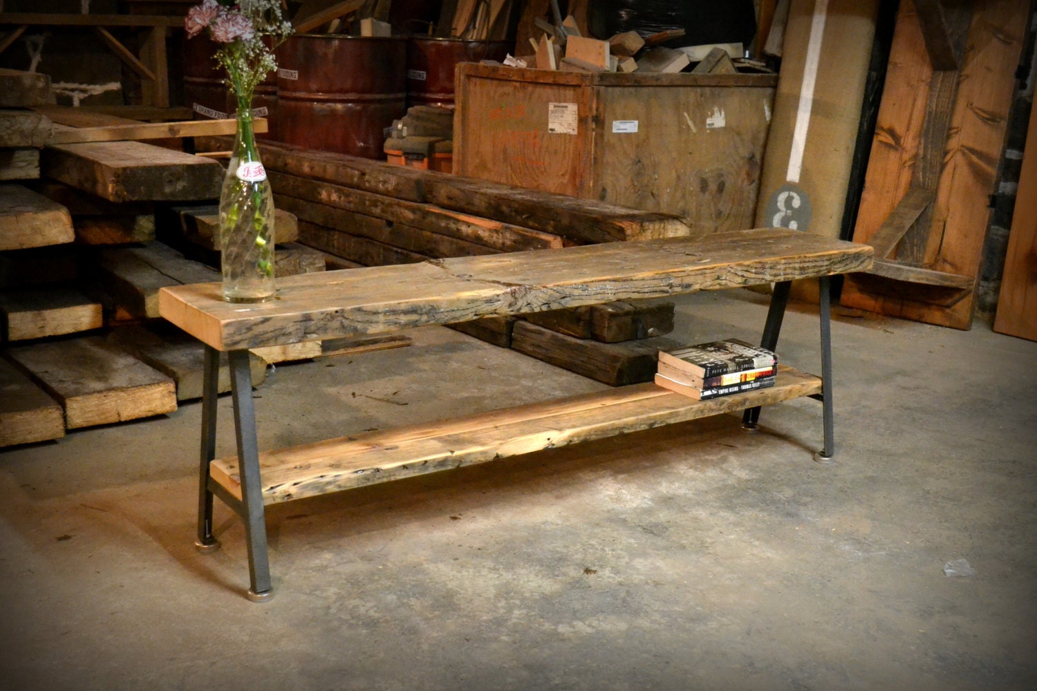 Salvaged Wood and Recycled Iron A-frame Benches