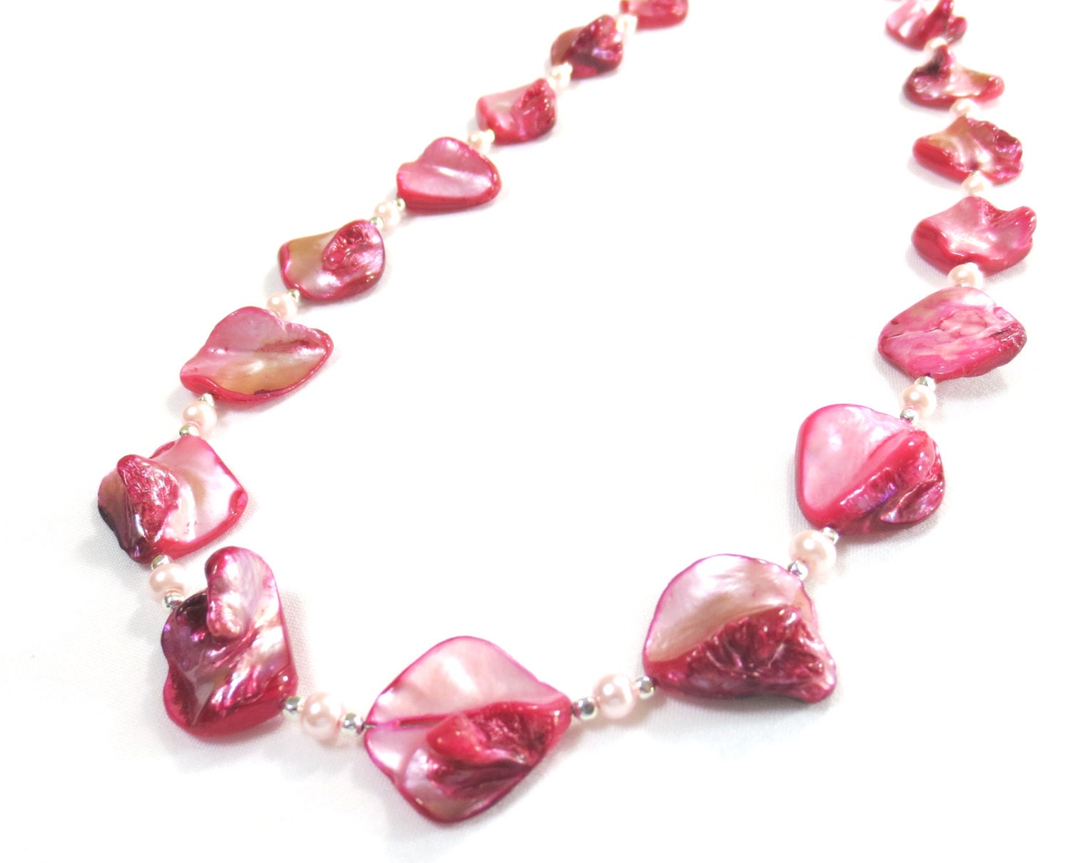Pink Shell Necklace, Mother of Pearl, Deep Pink Oyster Shell, Pale Pink Pearls, 925 Sterling Silver, Pink, Fuchsia, Long Necklace