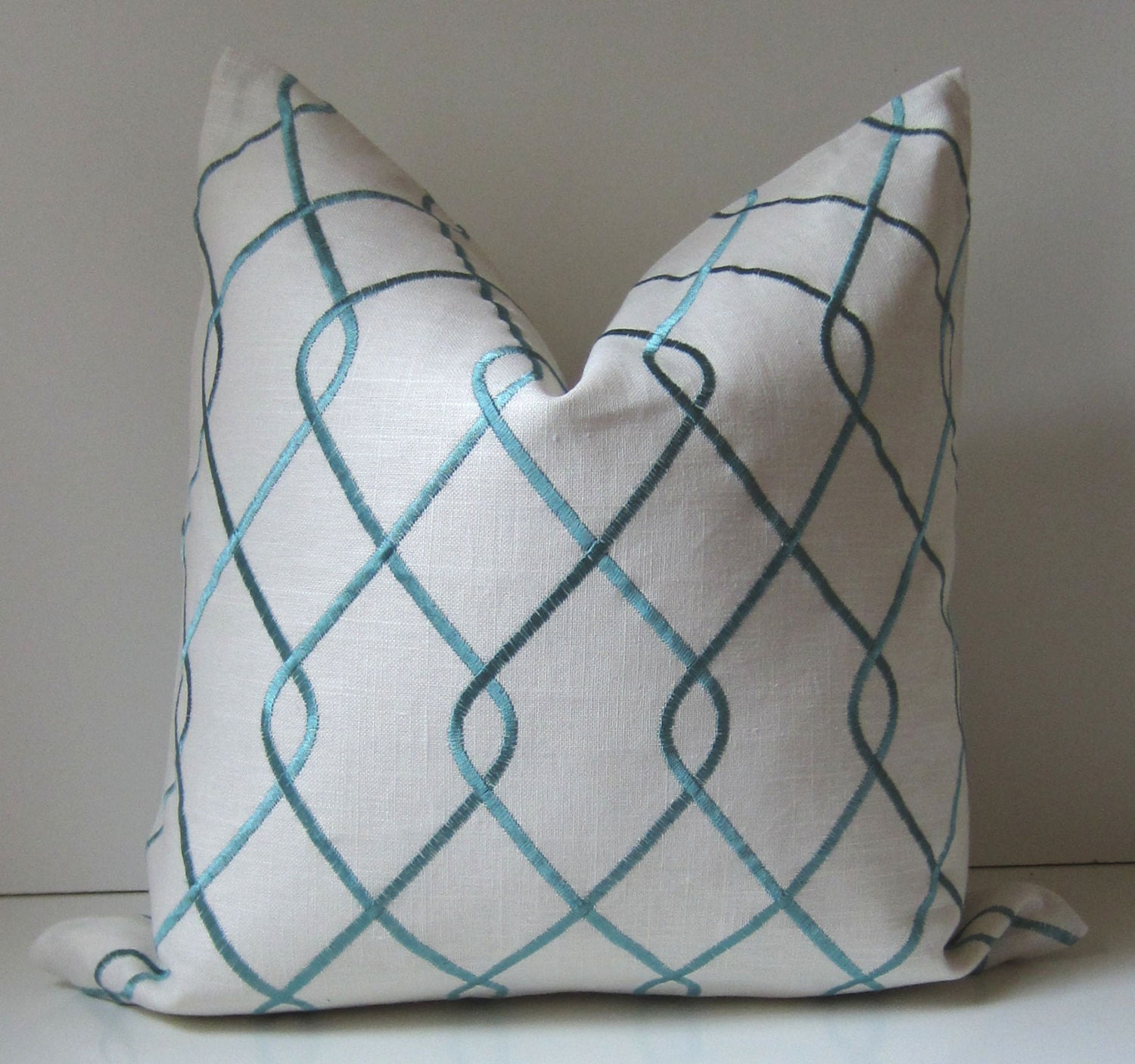 Teal Lattice Linen Pillow Cover - Decorative Pillow Cover  - 20 inch -  linen  - teal - ready to ship