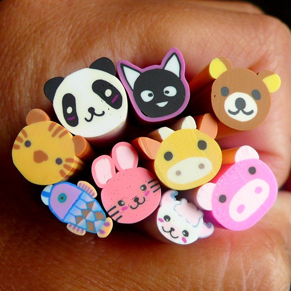 Assorted Animal Polymer Clay Cane Set Kawaii Fimo Cane Mix (BIG / LARGE) (9pcs 2.5cm Long) Cat Panda Pig Duck Rabbit Sheep Fish Bear CMX047