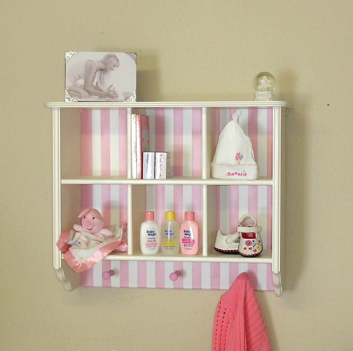 Ivory and Pink Striped Nursery Shelf Double Layer 6 Cubbies in Ivory