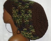 Unisex Camougflage Chic Crochet  Rasta Mega Tam with Drawstring Green Brown Black