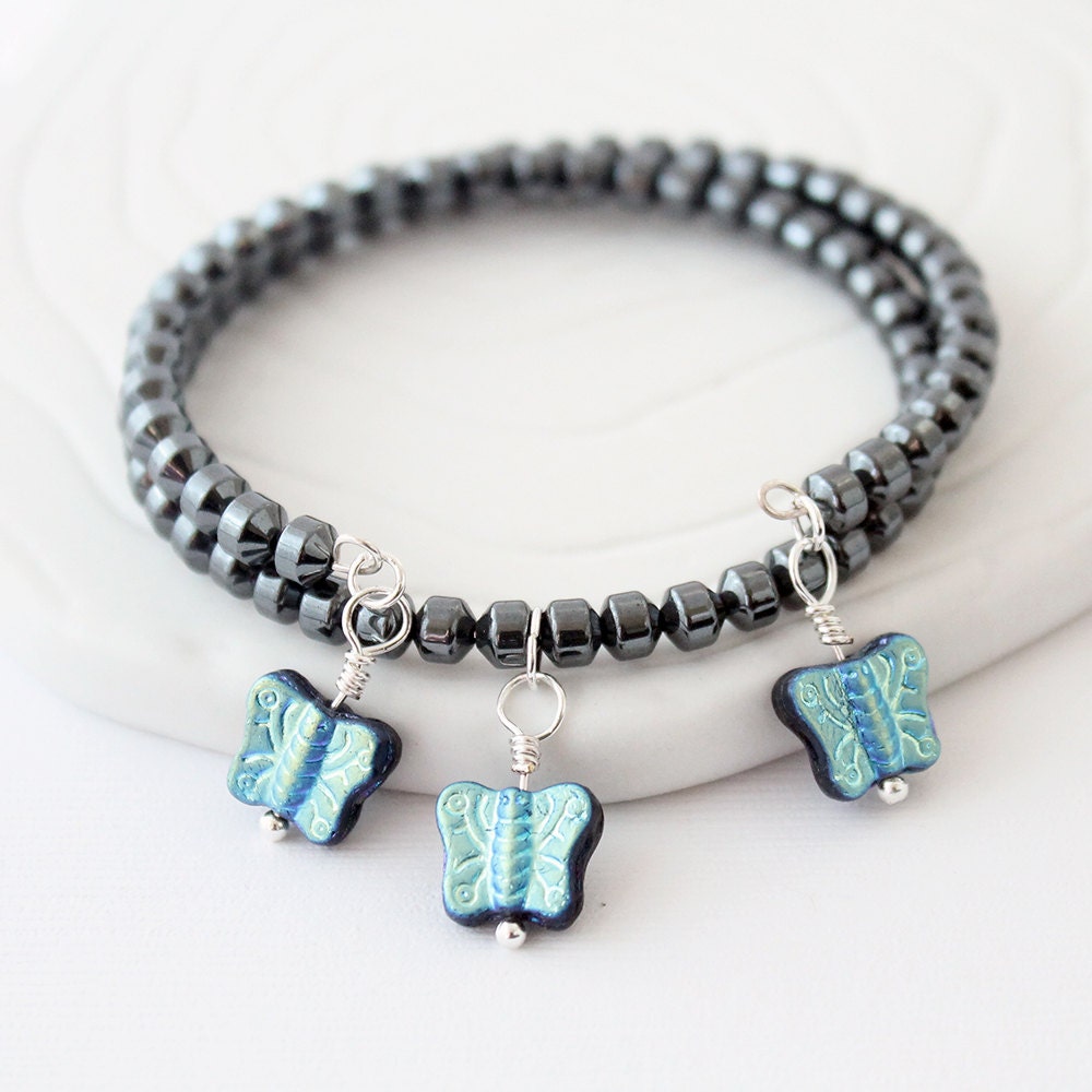 Memory Wire Bracelet - Hematite, Butterflies, Turquoise Blue