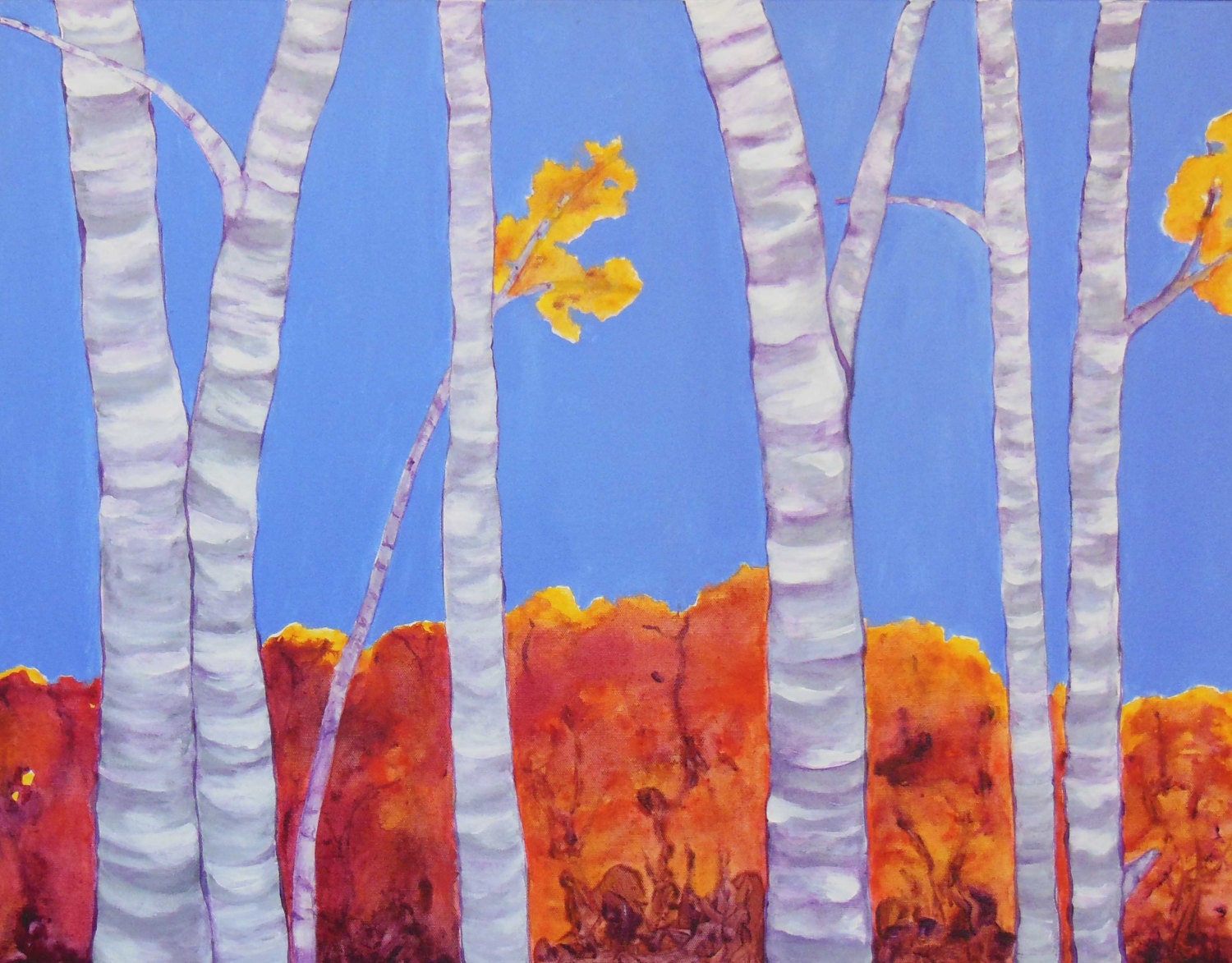 original painting, paper birches, autumn woodland, acrylic painting, framed