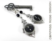 SALE Typewriter Key Earrings, Vintage Typewriter Key Jewelry on Silver Edwardian Filigree by Compass Rose Design