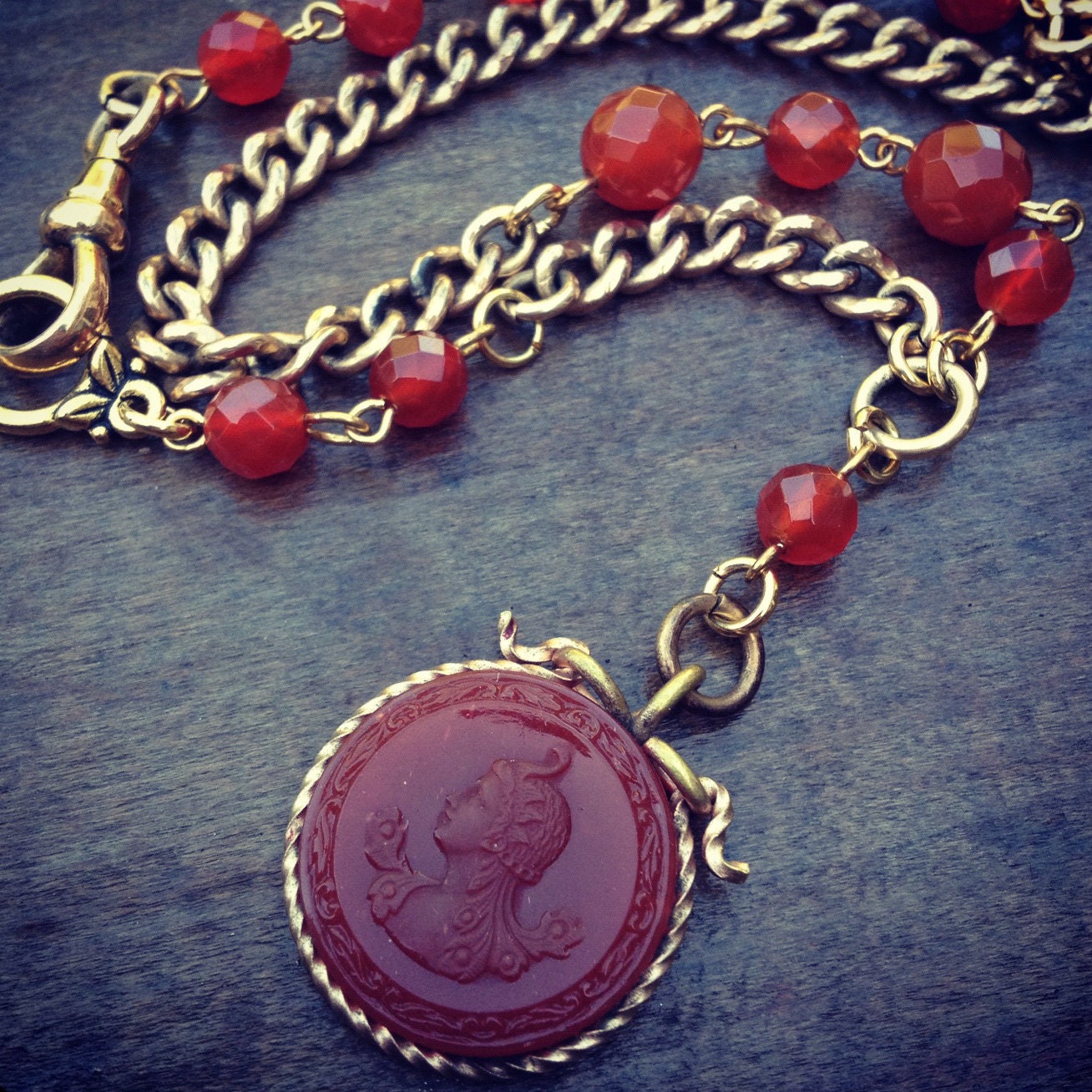 Greek Revival Victorian Carnelian Intaglio Watch Fob on Gold Fill Pocket Watch Chain - Peacock - ANTIQUITY collection