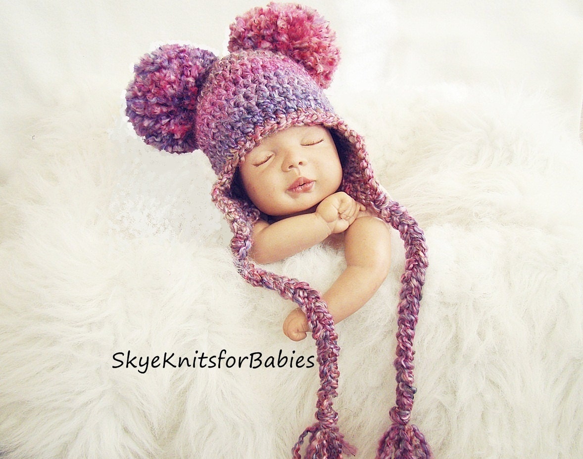 Crocheted Earflap Pom Pom Beanie with Tassels, Choose Any Color, Photography Prop