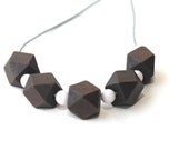 Wood geometric necklace - Dark brown wooden with white beads - Minimalist hexagon jewelry