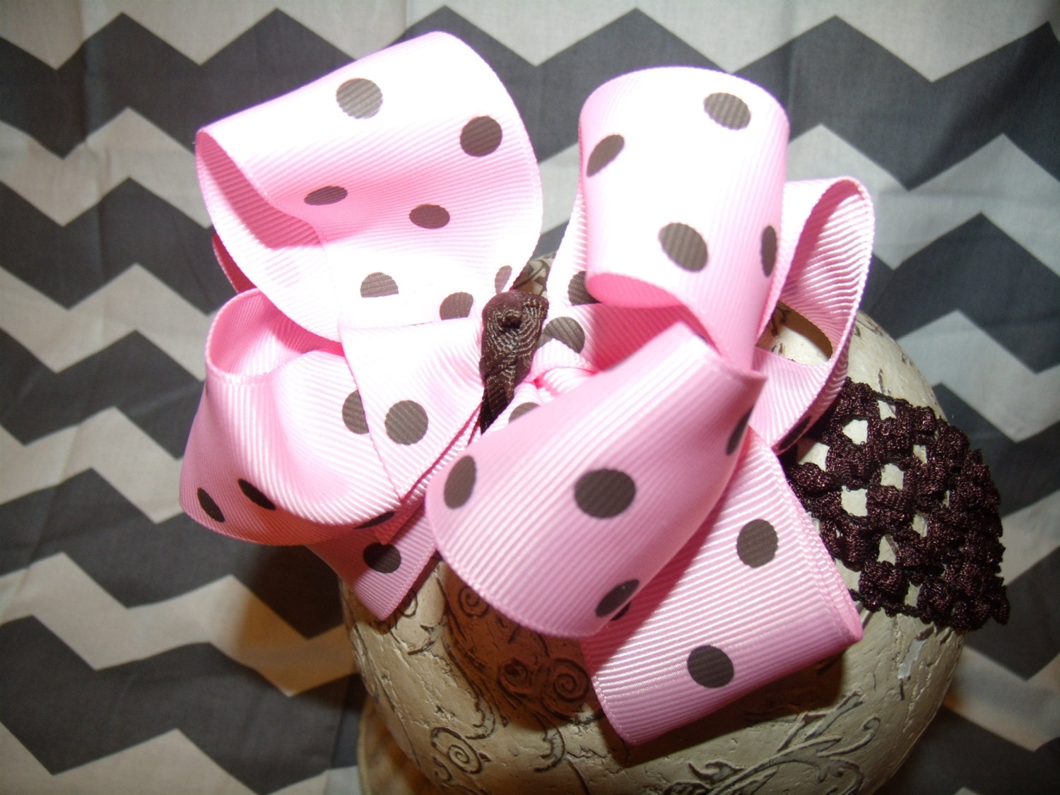 Hairbow Pink and Brown Dot Double Layered Boutique Bow and Interchangeable Headband Newborn Toddler Older Girl