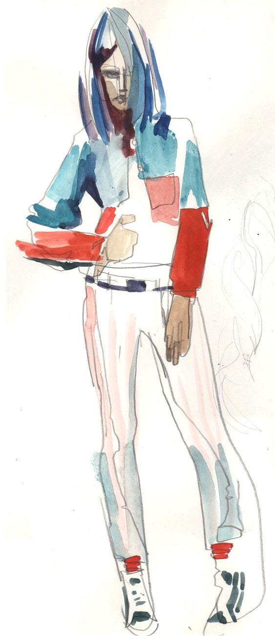 Quirky drawing and watercolor of a fashion figure