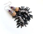 Rave earrings / black rhinestone orange / purple czech  / black fringe earrings / sparkling long earrings  FREE domestic SHIPPING diva gift