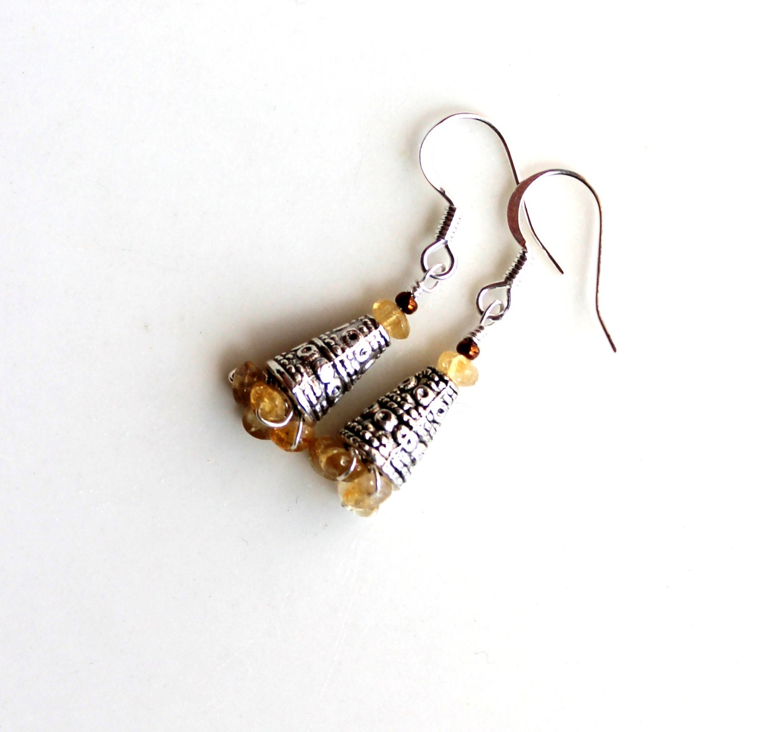 handmade amber earrings. yellow gemstone dots. FREE domestic SHIPPING. silver cones. sterling silver filled wire wrapped.
