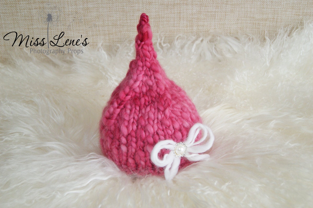 Knit Baby Hat, Newborn Photo Prop, Rosey Pink Handspun Baby Hat,  Extra Pointy Baby Pixie Hat, Baby Girl Gnome Hat