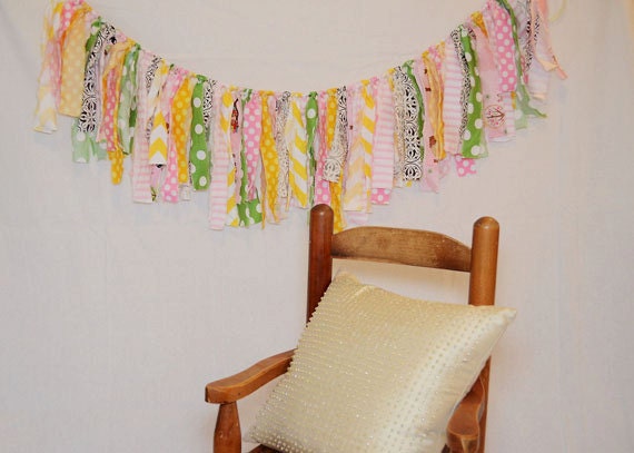 Shabby Photography Backdrop/ Torn Fabric Garland /Vintage Banner/ Wedding Garland / Pink Yellow Green/ Baby Shower / Birthday