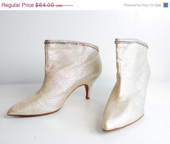 20% OFF - 60s Lame Booties - 1960s Shoes - Silver Lame with Rhinestones