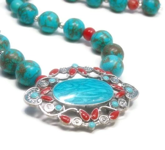 Western Concho Necklace Turquoise Red Coral Cowgirl Gemstone Southwest - epicetera