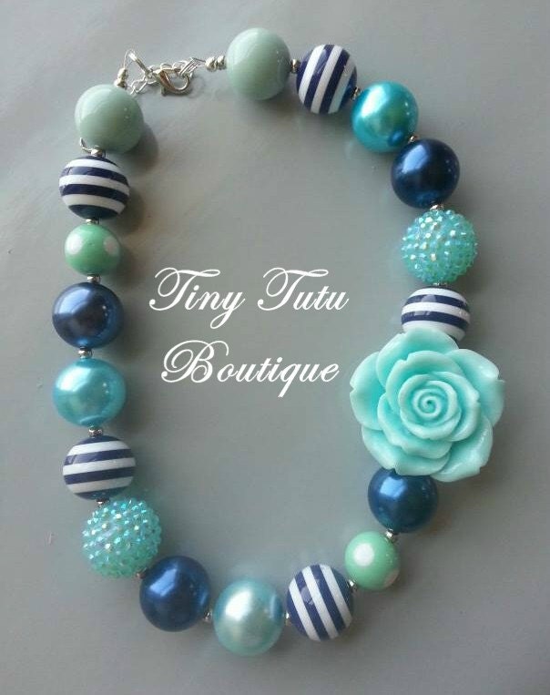 MINT and NAVY Flower Chunky Necklace- Chunky bubblegum necklace, Girls chunky necklace, Gumball necklace, Chunky beaded necklace