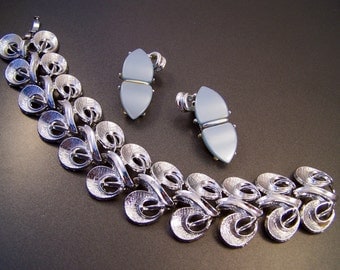 Art Deco Blue and Silver  Wedding  Bracelet  and Earrings Thermoset