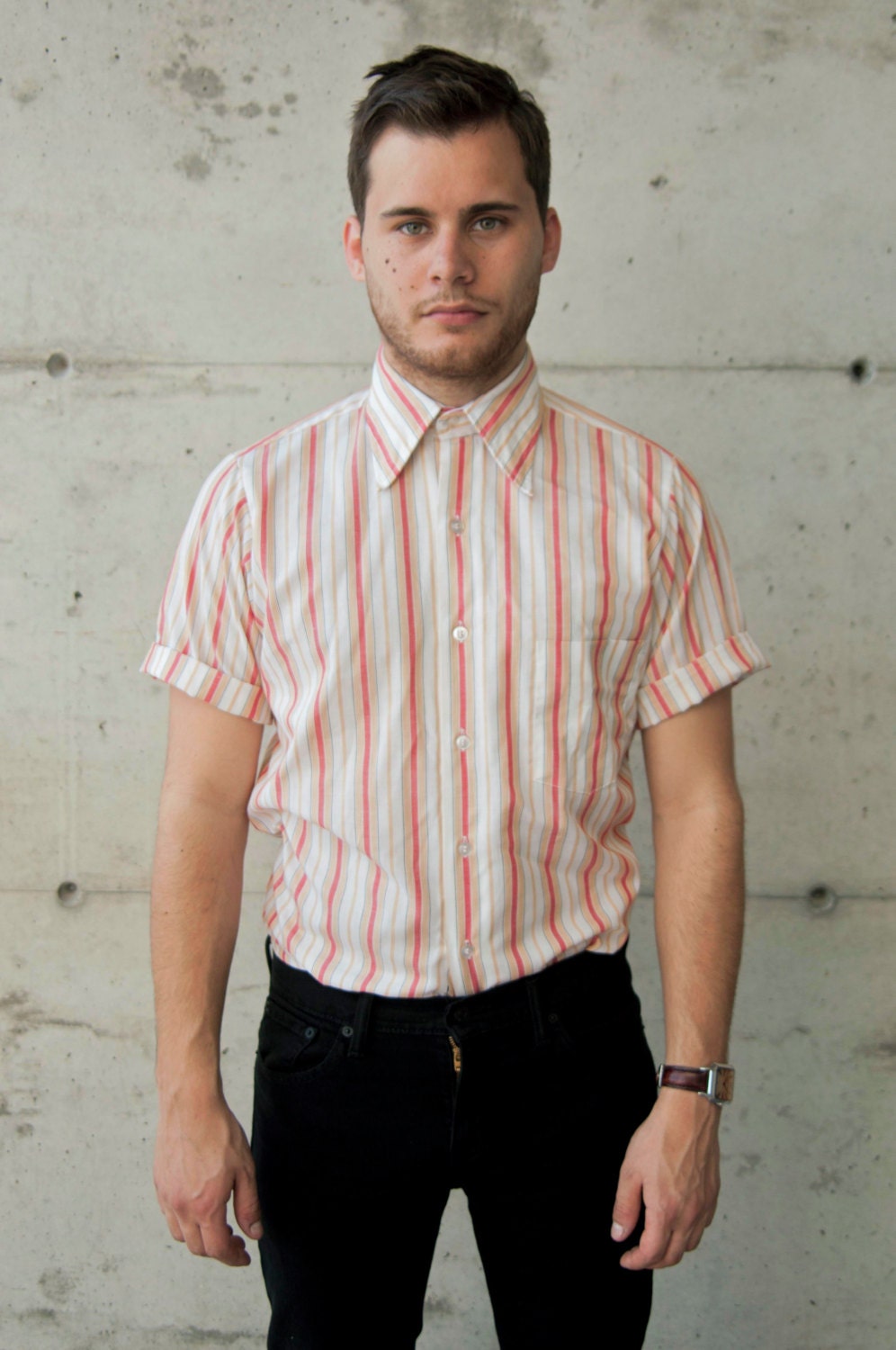 Stripped Button Up / Short Sleeves Orange, Yellow and White Mens Shirt / Male Summer Shirt