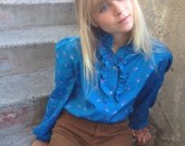 Vintage secretary  BLOUSE, long sleeved shirt,80s, silky feel,urban style,  electric blue folk print, size S/M, by Zasra