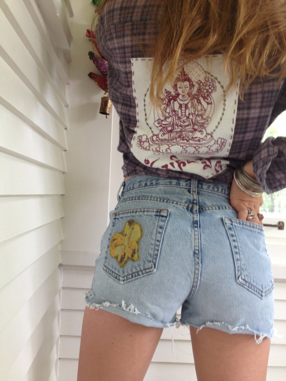 Vintage  shredded  Shorts ,size 8, Calvin Klein, retro, clothing, trendy high- waisted denim shorts, butterfly appliqué  by Zasra
