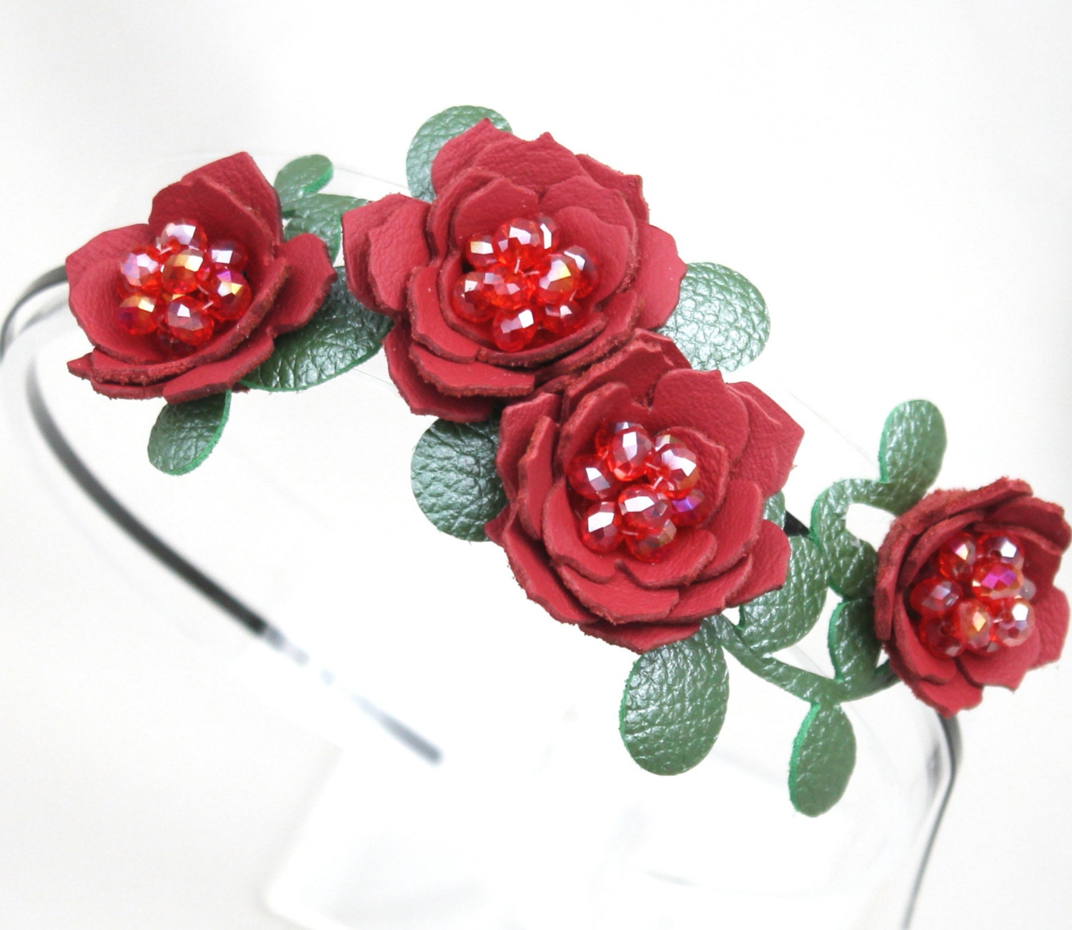 Bridal hair flower headband red headband wedding hairpiece leather headband with crystal beads woodland wedding