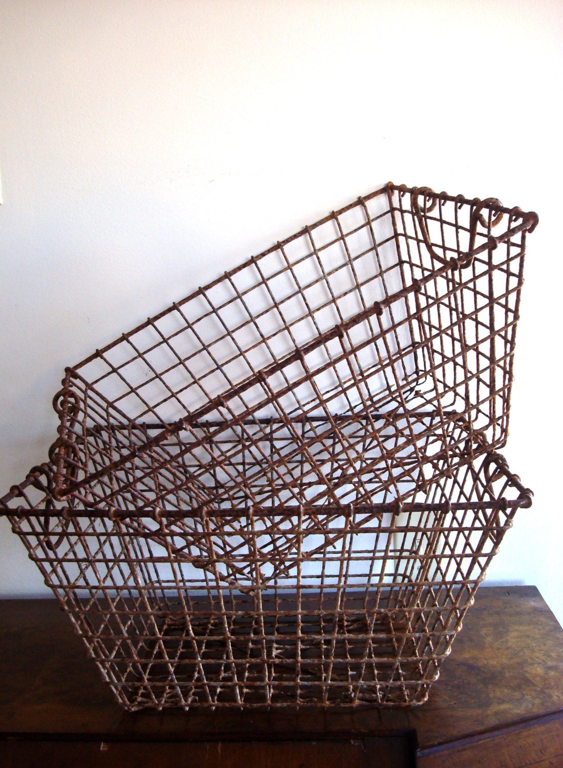 Vintage French Industrial Wire Basket with Handles
