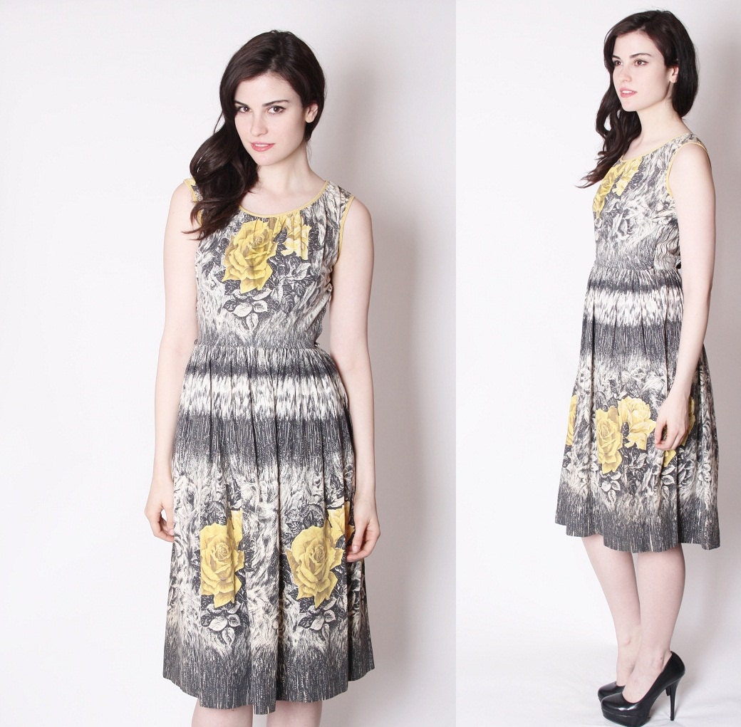 1950s Black and White Graphic Yellow Rose Print Cotton Cocktail Party  Dress / 50s Cocktail Dress / Dresses / 2155
