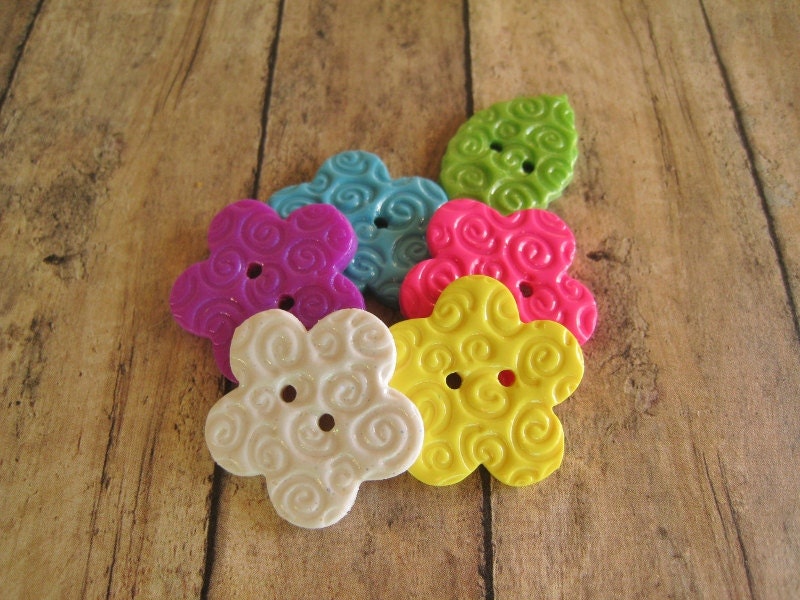 Bright Colors polymer clay Flower and Leaf Buttons, set of 6