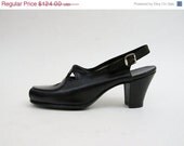 Vintage 1930s 1940s Shoes Peep Toe Slingback Heels Black Size 7.5